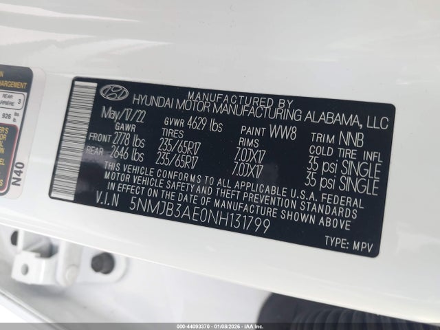 5NMJB3AE0NH131799 Hyundai TUCSON SEL