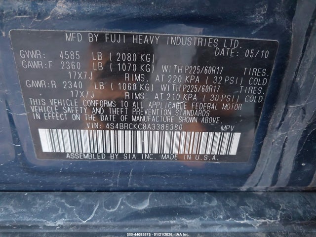 Aukcja sprzedaży 2010 Subaru Outback 2.5i Limited, vin: 4S4BRCKC8A3386380, numer aukcji: 44093575