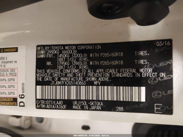 Aukcja sprzedaży 2016 Lexus Gx 460, vin: JTJBM7FX2G5140863, numer aukcji: 44093740