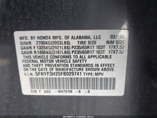 Honda PILOT LX 2015 5FNYF3H25FB029741 Image 9