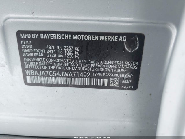 2018 Bmw 530i Xdrive მანქანა იყიდება აუქციონზე, vin: WBAJA7C54JWA71492, აუქციონის ნომერი: 44093831