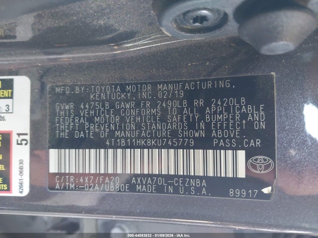 4T1B11HK8KU745779 Toyota CAMRY LE