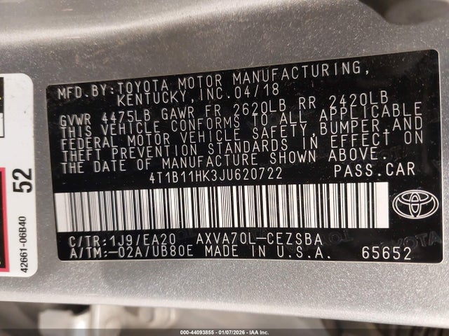 4T1B11HK3JU620722 Toyota CAMRY SE
