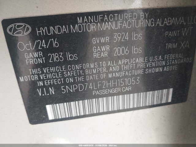 5NPD74LF2HH151053 Hyundai ELANTRA SE
