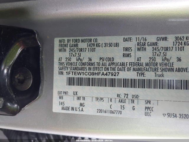 Продаж на аукціоні авто 2017 Ford F-150 Xlt, vin: 1FTEW1CG9HFA47927, номер лоту: 44094042
