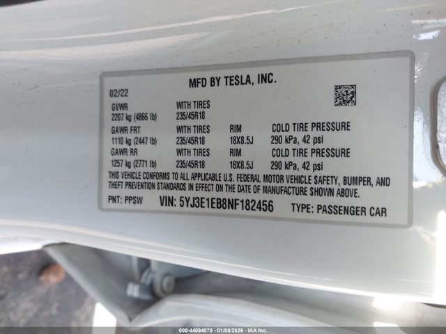 2022 TESLA MODEL 3 5YJ3E1EB8NF182456 Photo 8