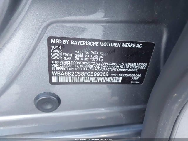 2015 BMW 650I GRAN COUPE WBA6B2C58FGB99368 Photo 8