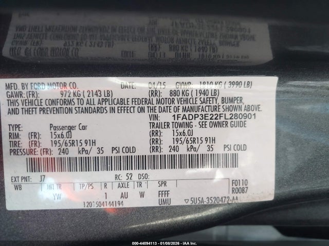 1FADP3E22FL280901 Ford FOCUS S