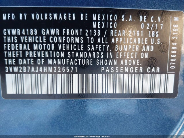 2017 Volkswagen Jetta 1.4t S მანქანა იყიდება აუქციონზე, vin: 3VW2B7AJ4HM326571, აუქციონის ნომერი: 44094126
