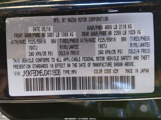 44094201 :رقم المزاد ، JM3KFBDM6J0411606 vin ، 2018 Mazda Cx-5 Grand Touring مزاد بيع