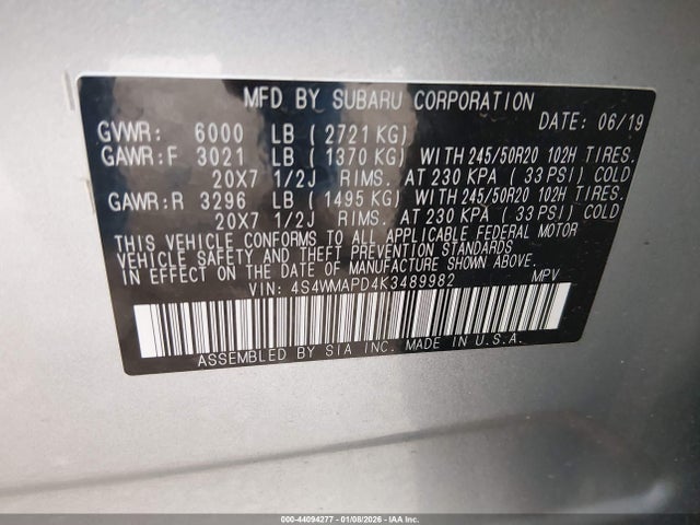 Aukcja sprzedaży 2019 Subaru Ascent Limited, vin: 4S4WMAPD4K3489982, numer aukcji: 44094277
