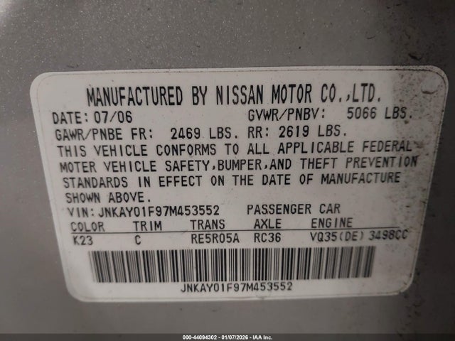 44094302 :رقم المزاد ، JNKAY01F97M453552 vin ، 2007 Infiniti M35x مزاد بيع