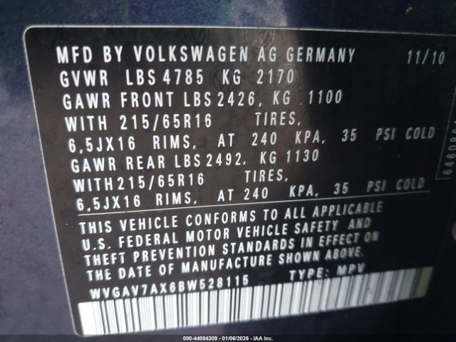 2011 VOLKSWAGEN TIGUAN WVGAV7AX6BW528115 Photo 8