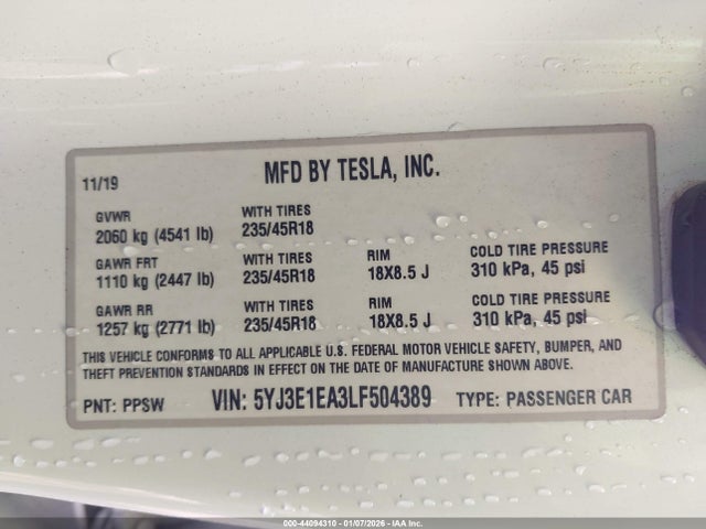 2020 TESLA MODEL 3 5YJ3E1EA3LF504389 Photo 8