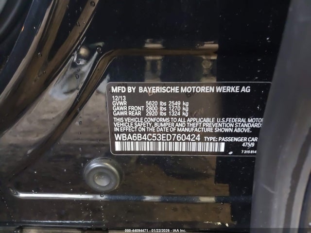 44094471 :رقم المزاد ، WBA6B4C53ED760424 vin ، 2014 Bmw 650i Gran Coupe Xdrive مزاد بيع