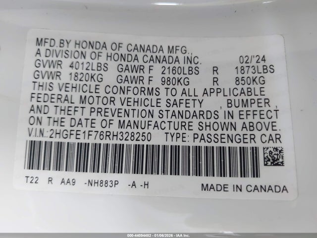 Honda CIVIC EX 2024 2HGFE1F76RH328250 Image 9