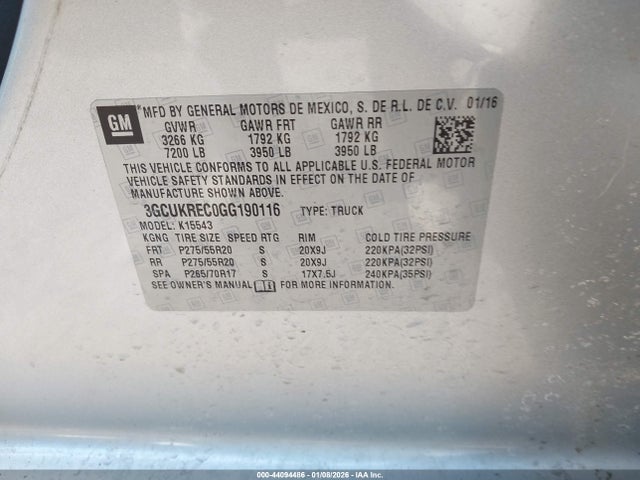 Aukcja sprzedaży 2016 Chevrolet Silverado 1500 2lt, vin: 3GCUKREC0GG190116, numer aukcji: 44094486