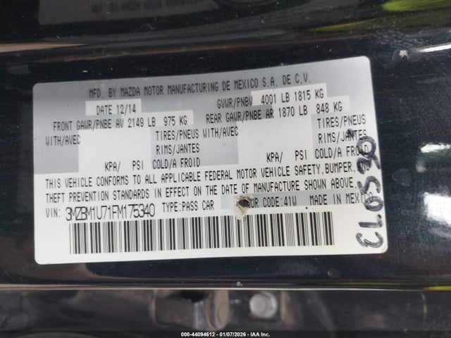 44094612 :رقم المزاد ، 3MZBM1U71FM175340 vin ، 2015 Mazda Mazda3 I Sport مزاد بيع