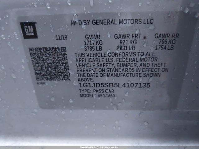 Aukcja sprzedaży 2020 Chevrolet Sonic, vin: 1G1JD5SB5L4107135, numer aukcji: 44094685