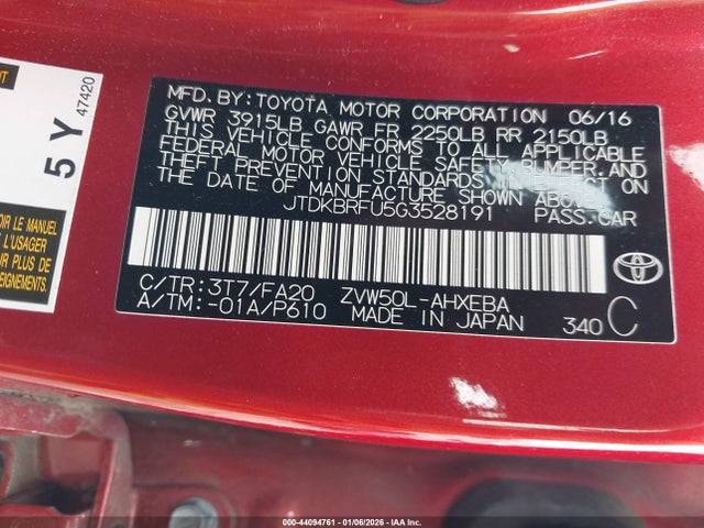 JTDKBRFU5G3528191 Toyota Prius Two