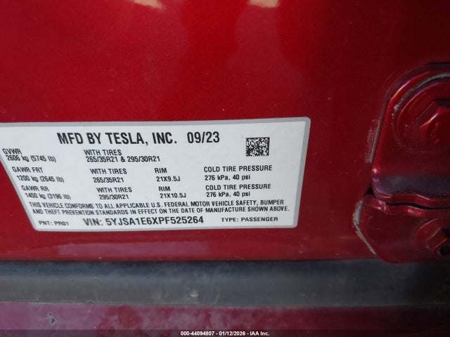 Aukcja sprzedaży 2023 Tesla Model S Plaid Tri Motor All-wheel Drive, vin: 5YJSA1E6XPF525264, numer aukcji: 44094807