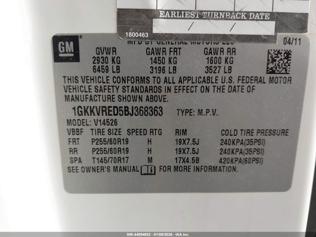 Aukcja sprzedaży 2011 Gmc Acadia Slt-1, vin: 1GKKVRED5BJ368363, numer aukcji: 44094852