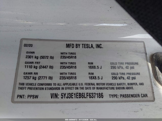 Aukcja sprzedaży 2020 Tesla Model 3 Long Range Dual Motor All-wheel Drive, vin: 5YJ3E1EB6LF637186, numer aukcji: 44094872