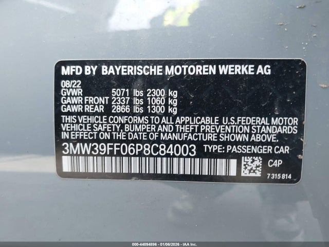Aukcja sprzedaży 2023 Bmw 3 Series 330e, vin: 3MW39FF06P8C84003, numer aukcji: 44094896