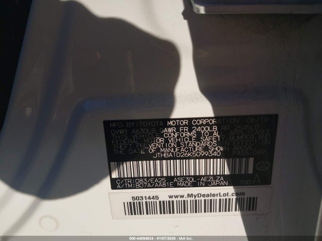 44094934 :رقم المزاد ، JTHBA1D26K5099340 vin ، 2019 Lexus Is 300 مزاد بيع