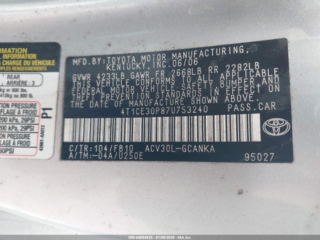 Продаж на аукціоні авто 2007 Toyota Camry Solara Se, vin: 4T1CE30P87U753240, номер лоту: 44094935
