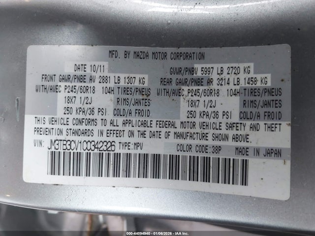 Продажа на аукционе авто 2012 Mazda Cx-9 Touring, vin: JM3TB3CV1C0342326, номер лота: 44094940
