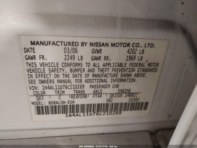 2006 NISSAN ALTIMA 1N4AL11D76C210269 Photo 8