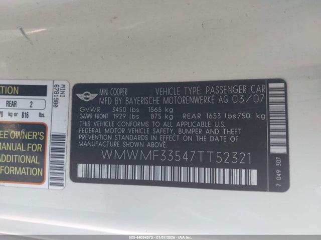 2007 MINI COOPER WMWMF33547TT52321 Photo 8