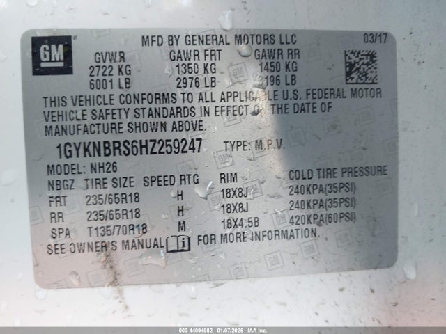 44094982 :رقم المزاد ، 1GYKNBRS6HZ259247 vin ، 2017 Cadillac Xt5 Luxury مزاد بيع