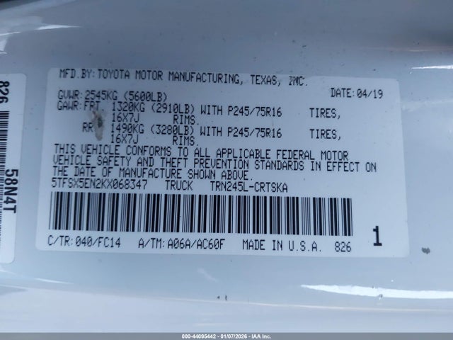5TFSX5EN2KX068347 Toyota Tacoma Sr5