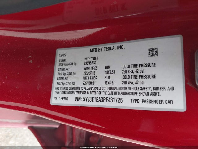 44095476 :رقم المزاد ، 5YJ3E1EA3PF431725 vin ، 2023 Tesla Model 3 Rear-wheel Drive مزاد بيع