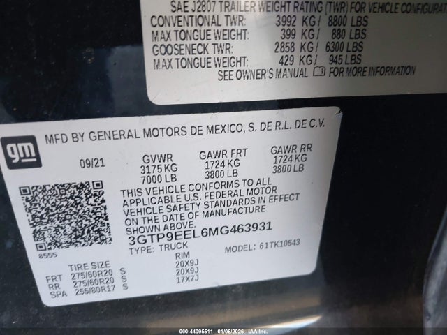 3GTP9EEL6MG463931 GMC Sierra 1500 4wd Short Box At4