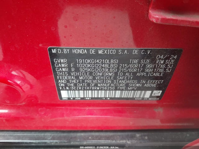 3CZRZ1H78RM756250 Honda Hr-v 2wd Ex-l/2wd Ex-l W/o Bsi