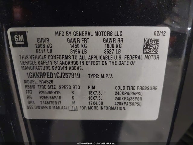 Aukcja sprzedaży 2012 Gmc Acadia Sle, vin: 1GKKRPED1CJ257819, numer aukcji: 44095601
