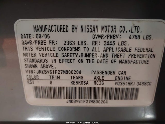 Aukcja sprzedaży 2007 Infiniti G35x, vin: JNKBV61F27M800204, numer aukcji: 44095770