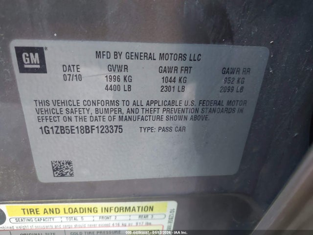 44095897 :رقم المزاد ، 1G1ZB5E18BF123375 vin ، 2011 Chevrolet Malibu Ls مزاد بيع