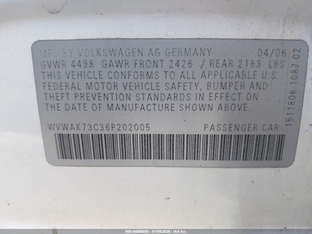 Продажа на аукционе авто 2006 Volkswagen Passat 2.0t/value Edition, vin: WVWAK73C36P202005, номер лота: 44096055