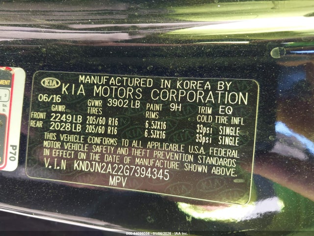 44096056 :رقم المزاد ، KNDJN2A22G7394345 vin ، 2016 Kia Soul مزاد بيع