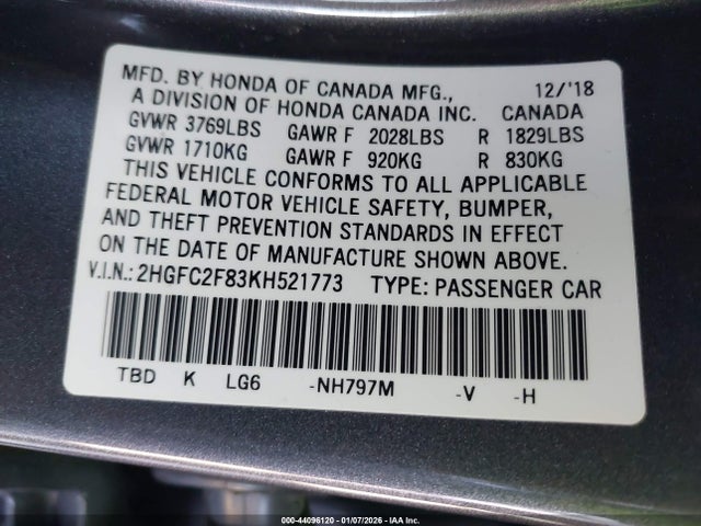 2019 HONDA CIVIC 2HGFC2F83KH521773 Photo 8