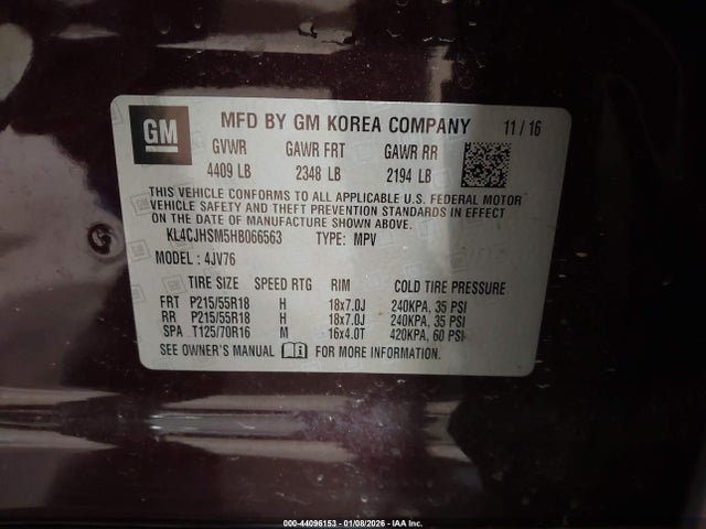 44096153 :رقم المزاد ، KL4CJHSM5HB066563 vin ، 2017 Buick Encore Premium مزاد بيع