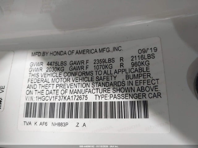 Aukcja sprzedaży 2019 Honda Accord Sport, vin: 1HGCV1F37KA172675, numer aukcji: 44096182
