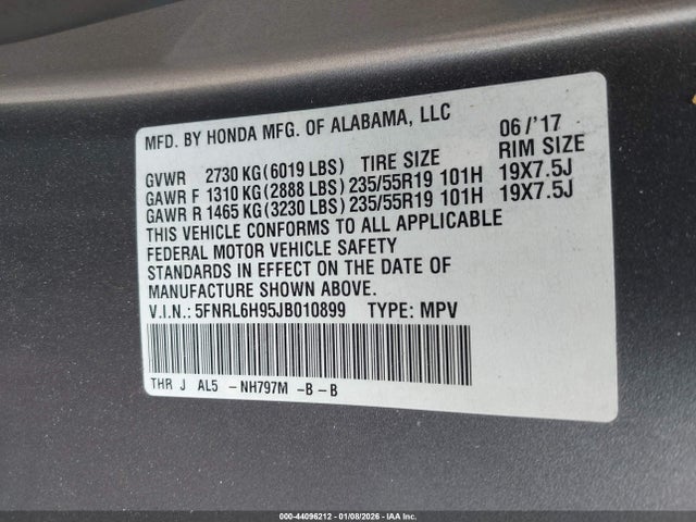 5FNRL6H95JB010899 Honda Odyssey Elite