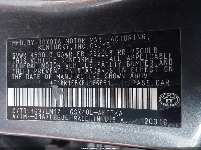 Toyota AVALON LIMITED 2015 4T1BK1EBXFU166851 Image 9