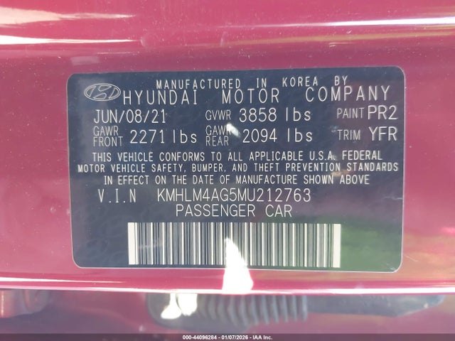 KMHLM4AG5MU212763 Hyundai ELANTRA SEL
