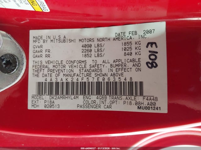 2007 MITSUBISHI ECLIPSE 4A3AK24F57E063548 Photo 8